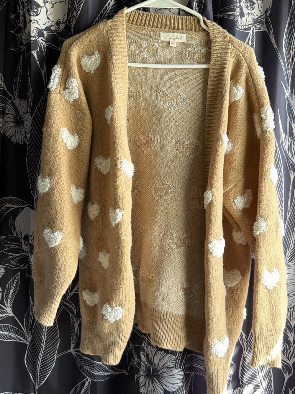 Cozy Heart Pattern Open-Front Cardigan Sweater - Camel/White